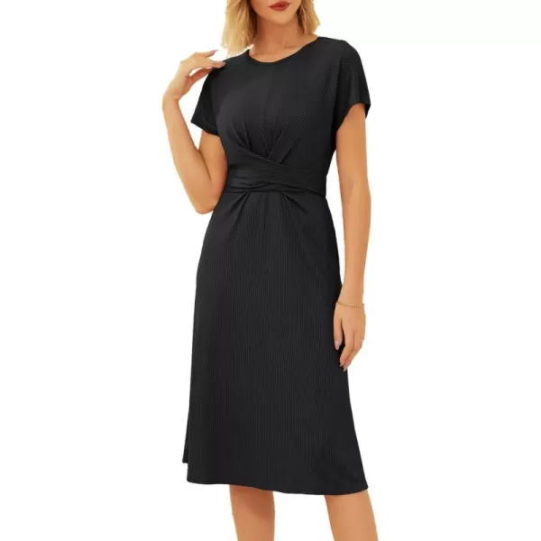 GRACE KARIN Womens Tie Waist Summer Casual Midi Dress Short Sleeve Crew Neck Ribbed Knit DressBlack