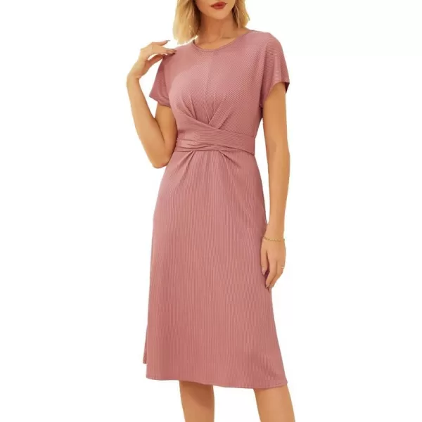 GRACE KARIN Womens Tie Waist Summer Casual Midi Dress Short Sleeve Crew Neck Ribbed Knit DressGrey Pink