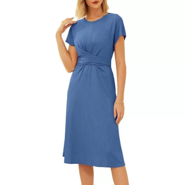 GRACE KARIN Womens Tie Waist Summer Casual Midi Dress Short Sleeve Crew Neck Ribbed Knit DressLight Blue