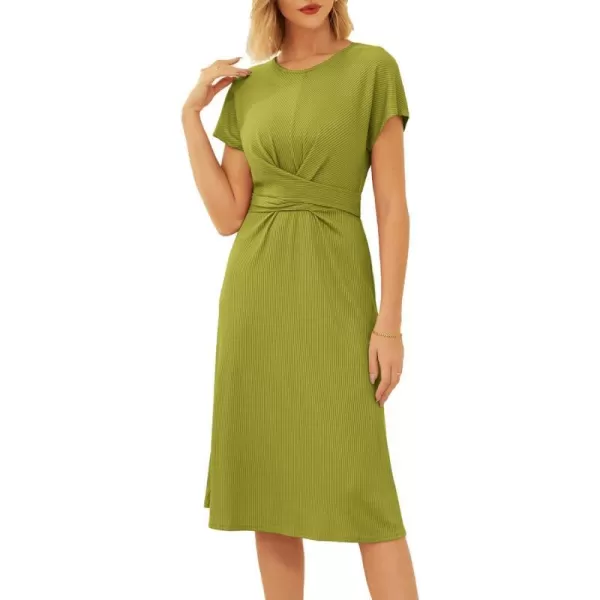 GRACE KARIN Womens Tie Waist Summer Casual Midi Dress Short Sleeve Crew Neck Ribbed Knit DressMoss Green