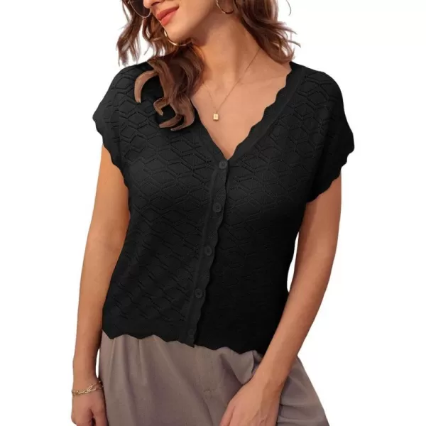 GRACE KARIN Womens V Neck Cap Sleeve Summer Crochet Cardigan Sweaters Lightweight Button Front Cropped Knit Vest 2024Black