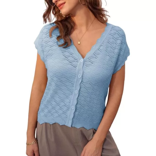 GRACE KARIN Womens V Neck Cap Sleeve Summer Crochet Cardigan Sweaters Lightweight Button Front Cropped Knit Vest 2024Blue