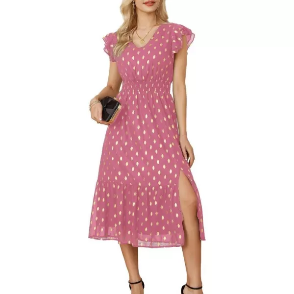 GRACE KARIN Womens V Neck Ruffle Sleeve Summer Dress 2023 Split Flowy Tiered Midi Dress Wedding Guest Cocktail DressesPinkgold Dots