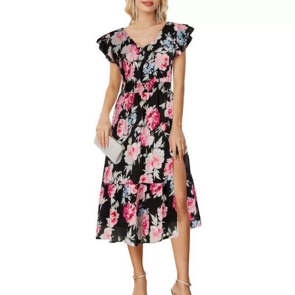 GRACE KARIN Womens V Neck Ruffle Sleeve Summer Dress 2024 Split Flowy Tiered Midi Dress Wedding Guest Cocktail DressesBlackred Floral