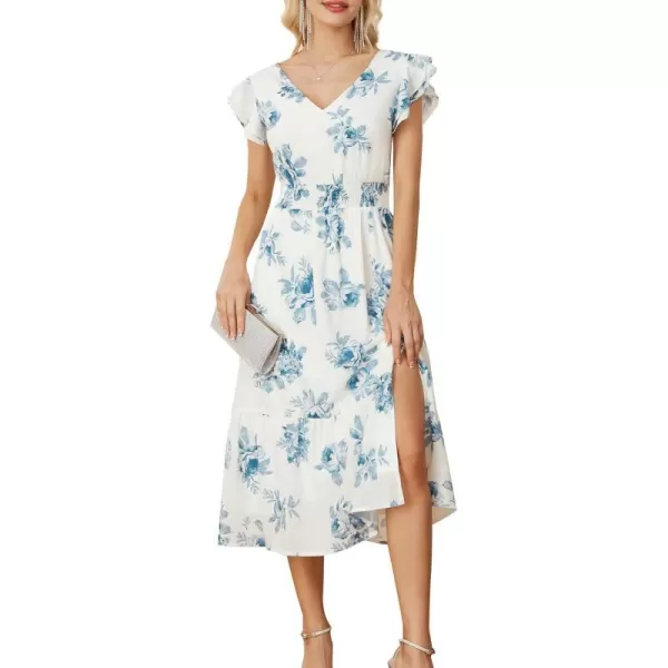 GRACE KARIN Womens V Neck Ruffle Sleeve Summer Dress 2024 Split Flowy Tiered Midi Dress Wedding Guest Cocktail DressesBluefloral Print