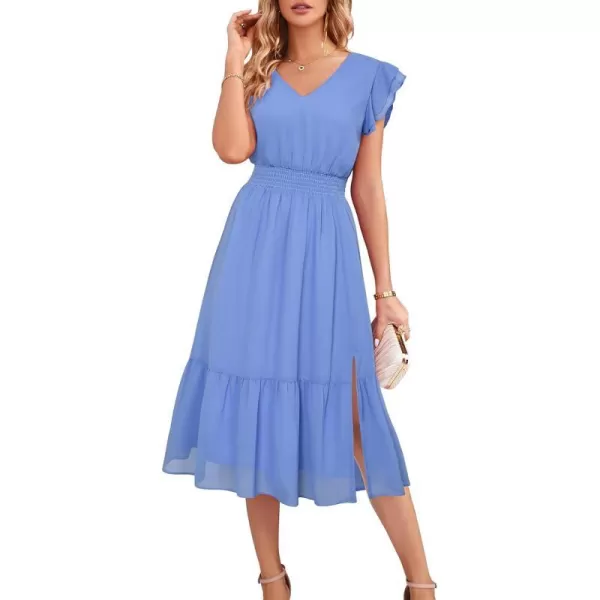 GRACE KARIN Womens V Neck Ruffle Sleeve Summer Dress 2024 Split Flowy Tiered Midi Dress Wedding Guest Cocktail DressesGray Blueplain