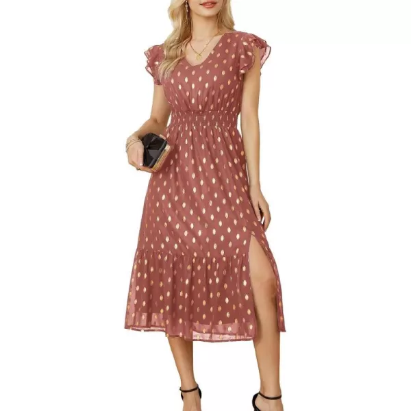 GRACE KARIN Womens V Neck Ruffle Sleeve Summer Dress 2024 Split Flowy Tiered Midi Dress Wedding Guest Cocktail DressesLight Brick Redgold Dots