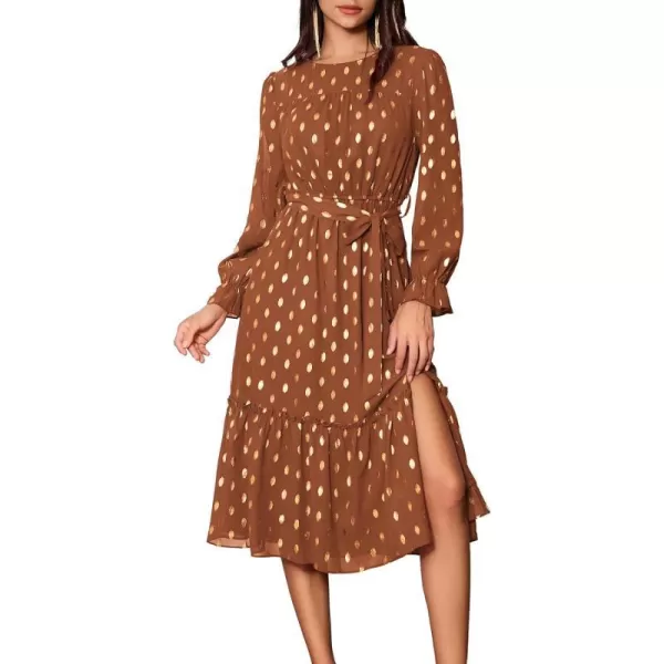 GRACE KARIN Womens V Neck Ruffle Sleeve Summer Dress 2024 Split Flowy Tiered Midi Dress Wedding Guest Cocktail DressesLong Sleeve Browngold Dots