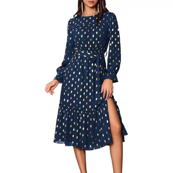 GRACE KARIN Womens V Neck Ruffle Sleeve Summer Dress 2024 Split Flowy Tiered Midi Dress Wedding Guest Cocktail DressesLong Sleeve Dark Bluegold Dots