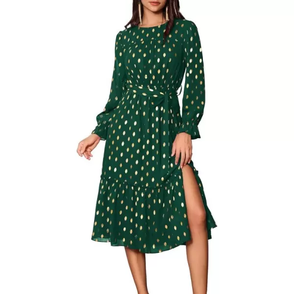 GRACE KARIN Womens V Neck Ruffle Sleeve Summer Dress 2024 Split Flowy Tiered Midi Dress Wedding Guest Cocktail DressesLong Sleeve Dark Greengold Dots