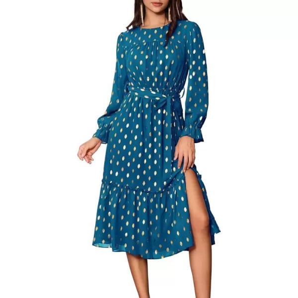 GRACE KARIN Womens V Neck Ruffle Sleeve Summer Dress 2024 Split Flowy Tiered Midi Dress Wedding Guest Cocktail DressesLong Sleeve Peacock Bluegold Dots