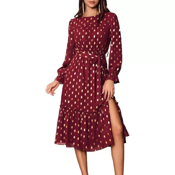 GRACE KARIN Womens V Neck Ruffle Sleeve Summer Dress 2024 Split Flowy Tiered Midi Dress Wedding Guest Cocktail DressesLong Sleeve Wine Redgold Dots