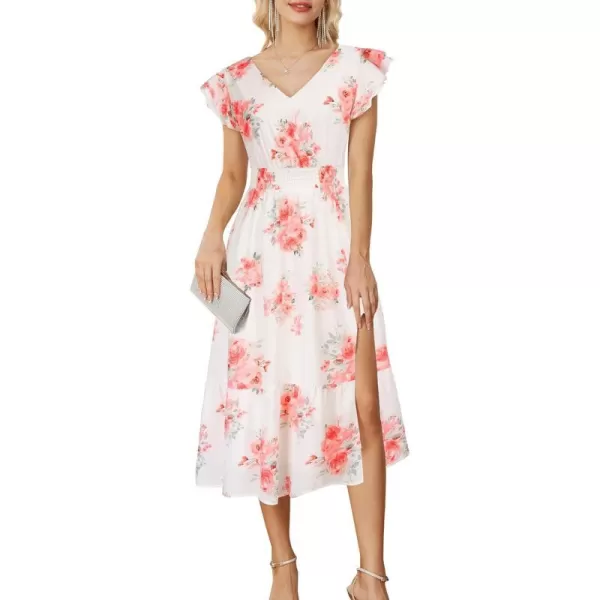 GRACE KARIN Womens V Neck Ruffle Sleeve Summer Dress 2024 Split Flowy Tiered Midi Dress Wedding Guest Cocktail DressesWhitered Floral