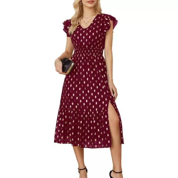 GRACE KARIN Womens V Neck Ruffle Sleeve Summer Dress 2024 Split Flowy Tiered Midi Dress Wedding Guest Cocktail DressesWine Redgold Dots