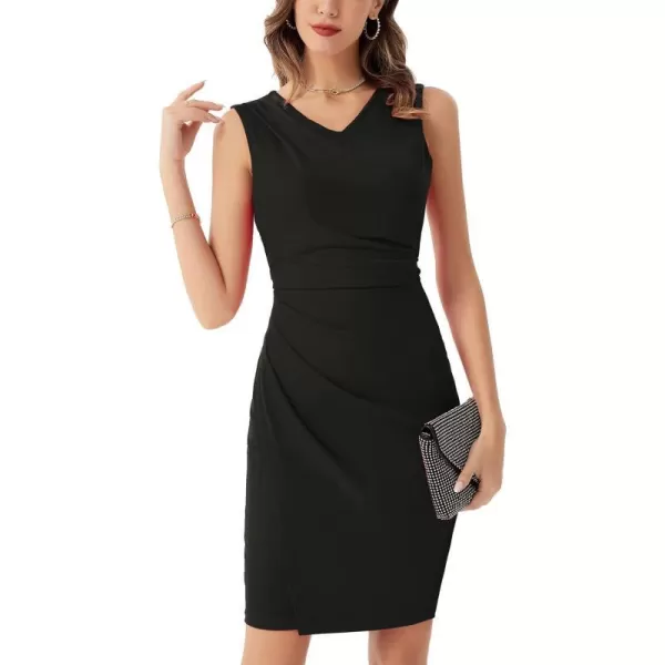 GRACE KARIN Womens Wear to Work Dress V Neck Sleeveless Ruched Wrap Office Party Pencil DressesBlack