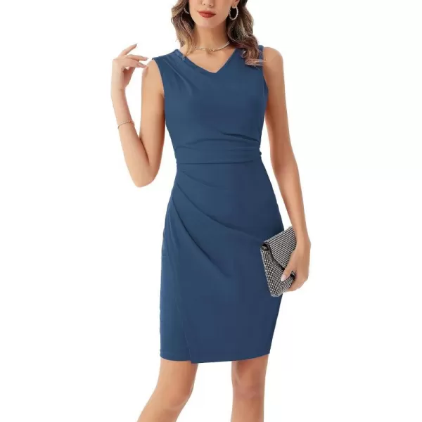 GRACE KARIN Womens Wear to Work Dress V Neck Sleeveless Ruched Wrap Office Party Pencil DressesGray Blue