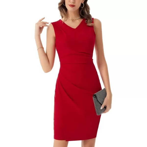 GRACE KARIN Womens Wear to Work Dress V Neck Sleeveless Ruched Wrap Office Party Pencil DressesRed