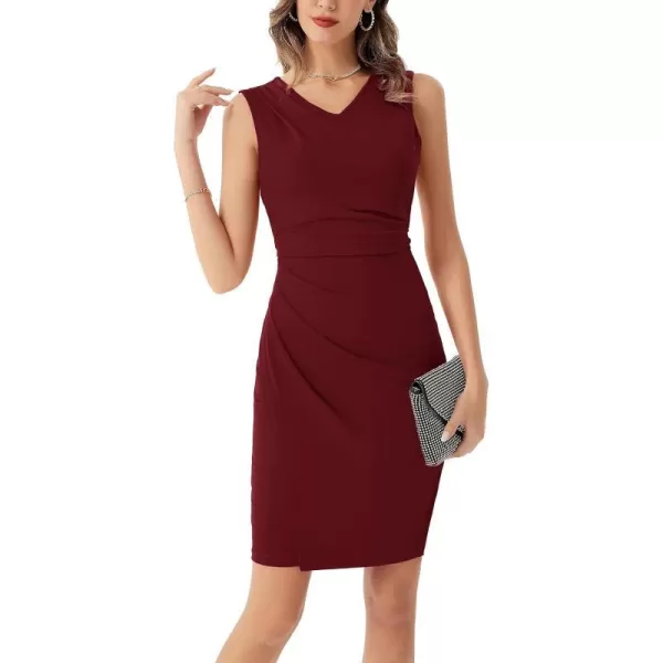 GRACE KARIN Womens Wear to Work Dress V Neck Sleeveless Ruched Wrap Office Party Pencil DressesWine Red