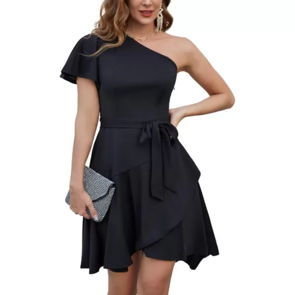 GRACE KARIN Womens Wedding Guest Dress Elegant One Shoulder Cocktail Skater Dress Ruffle Short Sleeve A Line Party DressesBlack