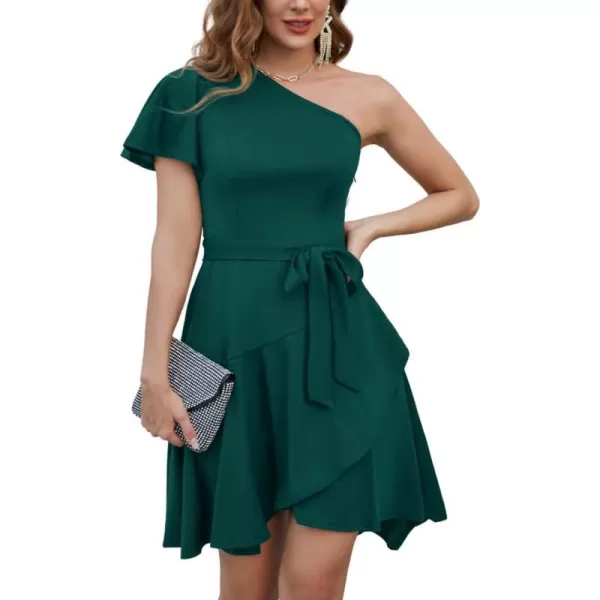 GRACE KARIN Womens Wedding Guest Dress Elegant One Shoulder Cocktail Skater Dress Ruffle Short Sleeve A Line Party DressesDark Green