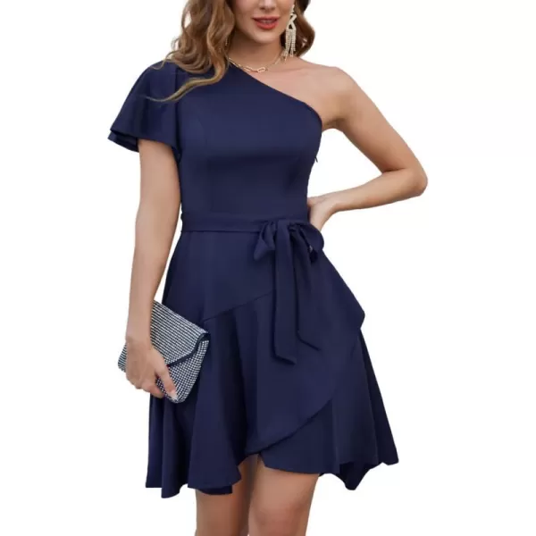 GRACE KARIN Womens Wedding Guest Dress Elegant One Shoulder Cocktail Skater Dress Ruffle Short Sleeve A Line Party DressesNavy Blue