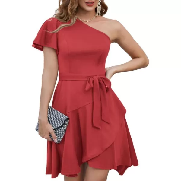 GRACE KARIN Womens Wedding Guest Dress Elegant One Shoulder Cocktail Skater Dress Ruffle Short Sleeve A Line Party DressesRed