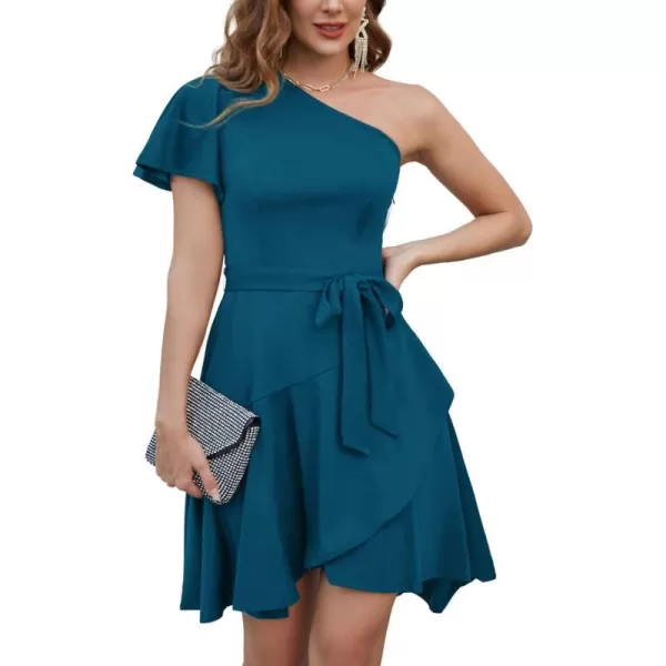 GRACE KARIN Womens Wedding Guest Dress Elegant One Shoulder Cocktail Skater Dress Ruffle Short Sleeve A Line Party DressesTeal Blue