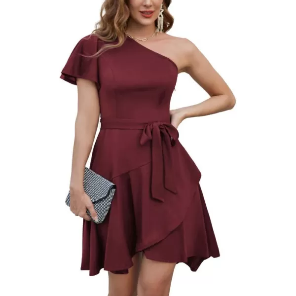 GRACE KARIN Womens Wedding Guest Dress Elegant One Shoulder Cocktail Skater Dress Ruffle Short Sleeve A Line Party DressesWine Red