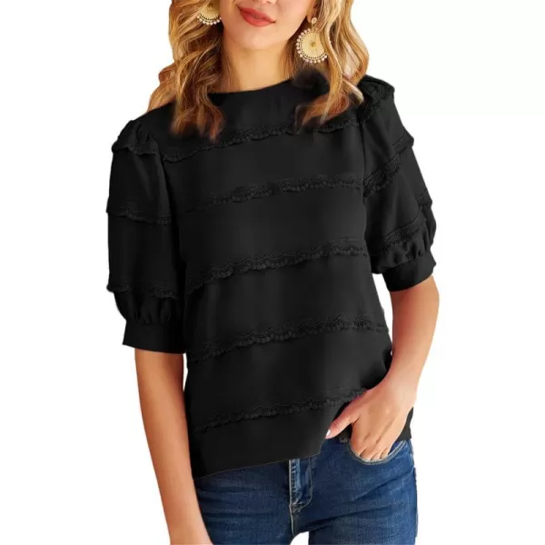 GRACE KARIN Womens Work Business Blouse Casual Puff Short Sleeve Shirts Lace Tops Loose Fit ElegantBlack