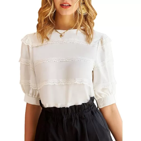 GRACE KARIN Womens Work Business Blouse Casual Puff Short Sleeve Shirts Lace Tops Loose Fit ElegantWhite