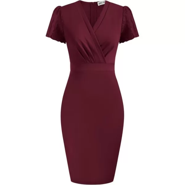 GRACE KARIN Womens Work Pencil Dress Wedding Guest Office Dresses Cocktail Party Long SleeveWine Redshort Sleeve