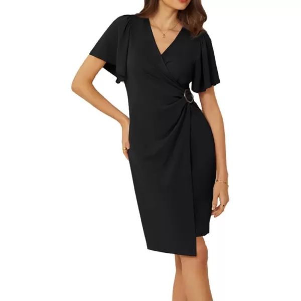 GRACE KARIN Womens Wrap V Neck Bodycon Sheath Midi Dress Ruffle Short Sleeve Ruched Split Cocktail Party Pencil Work DressBlack