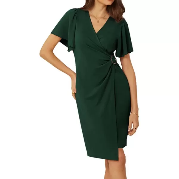 GRACE KARIN Womens Wrap V Neck Bodycon Sheath Midi Dress Ruffle Short Sleeve Ruched Split Cocktail Party Pencil Work DressDark Green