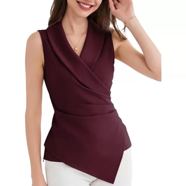 GRACE KARIN Womens Wrap V Neck Casual Work Tops Sleeveless Office Dressy Summer Blouse Top Asymmetrical Elegant ShirtsBurgundy