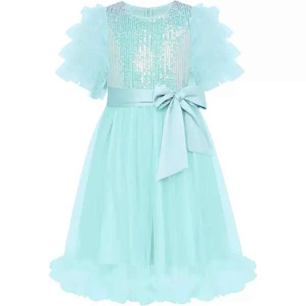 Girl Party Dress Short Sleeves Sequin Tulle Crewneck Princess Dresses for Girls Size 512Blue