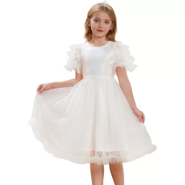 Girl Party Dress Short Sleeves Sequin Tulle Crewneck Princess Dresses for Girls Size 512Ivory