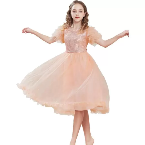 Girl Party Dress Short Sleeves Sequin Tulle Crewneck Princess Dresses for Girls Size 512Rose Gold