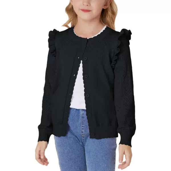 Girls Cardigan Cable Knit Sweater Long Sleeve Open Front Button Light Weight Solid Crochet Shrug 512Black