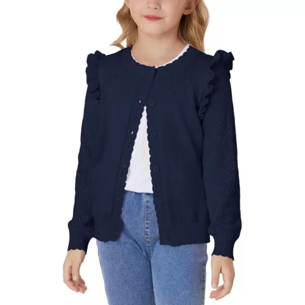 Girls Cardigan Cable Knit Sweater Long Sleeve Open Front Button Light Weight Solid Crochet Shrug 512Navy Blue