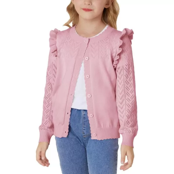 Girls Cardigan Cable Knit Sweater Long Sleeve Open Front Button Light Weight Solid Crochet Shrug 512Pink