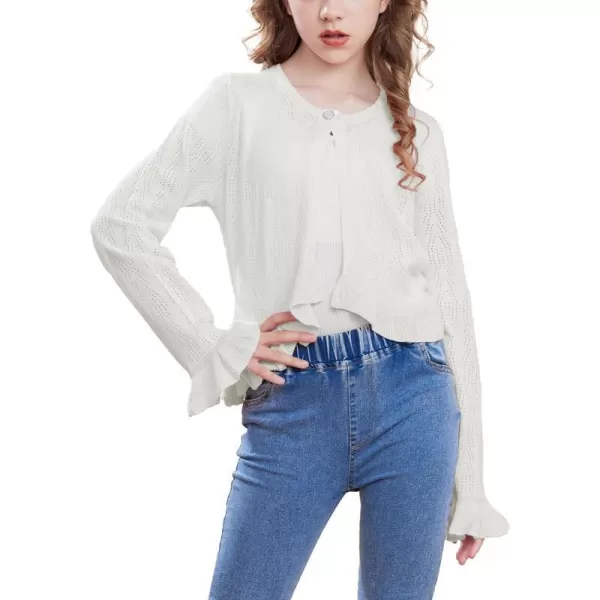 Girls Cardigan Long Sleeve Button Closure Bolero Hollow Knit Ruffle Shrug Size 512Ivory