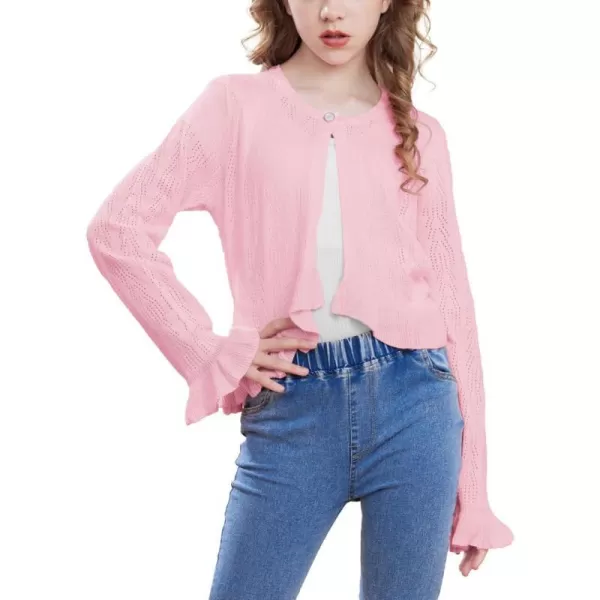 Girls Cardigan Long Sleeve Button Closure Bolero Hollow Knit Ruffle Shrug Size 512Pink