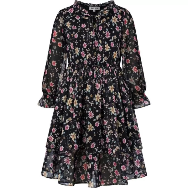 Girls Floral Long Sleeve Dress ALine Smocked Waist Holiday Dresses 512YearsBlack