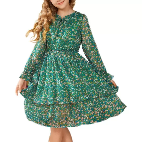 Girls Floral Long Sleeve Dress ALine Smocked Waist Holiday Dresses 512YearsGreen