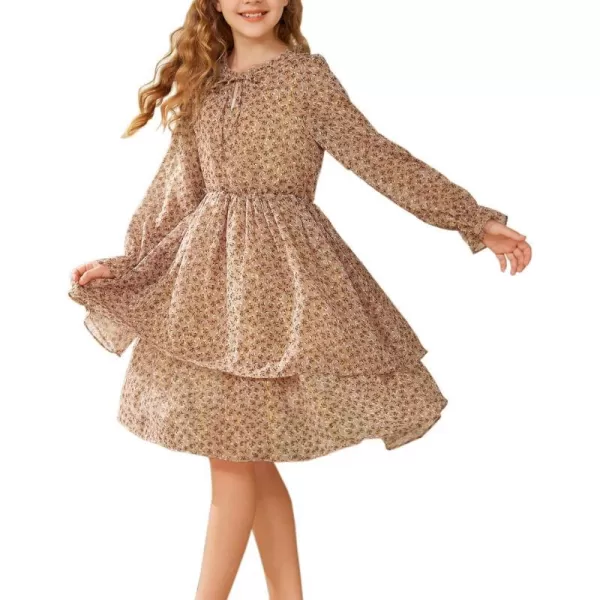 Girls Floral Long Sleeve Dress ALine Smocked Waist Holiday Dresses 512YearsKhaki