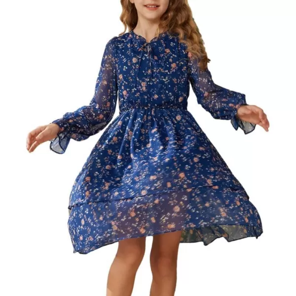 Girls Floral Long Sleeve Dress ALine Smocked Waist Holiday Dresses 512YearsNavy Blue