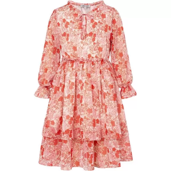 Girls Floral Long Sleeve Dress ALine Smocked Waist Holiday Dresses 512YearsRed