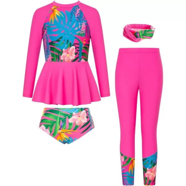 Girls Long Sleeve Swimsuit Floral Rash Guard Swimwear 4 Piece Bathing Suit Size 512Hot Pink