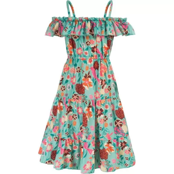 Girls Summer Dress Off Shoulder Ruffle Floral Spaghetti Strap Casual Sundress Tiered Midi DressFloral Pattern in Green