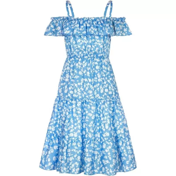 Girls Summer Dress Off Shoulder Ruffle Floral Spaghetti Strap Casual Sundress Tiered Midi DressFloral on Light Blue